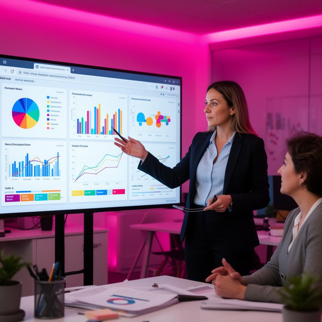 Consultora apresentando painel de métricas