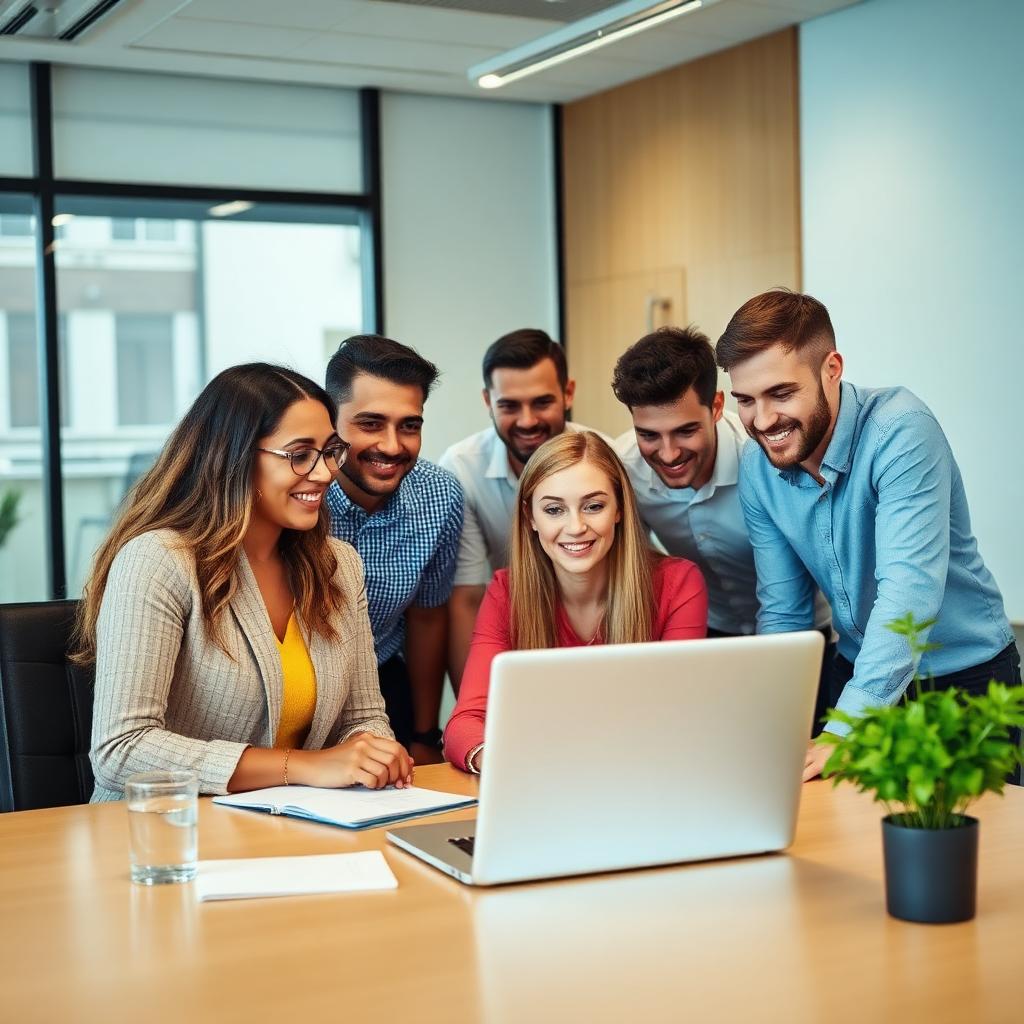 Equipe de associação reunida em torno do laptop