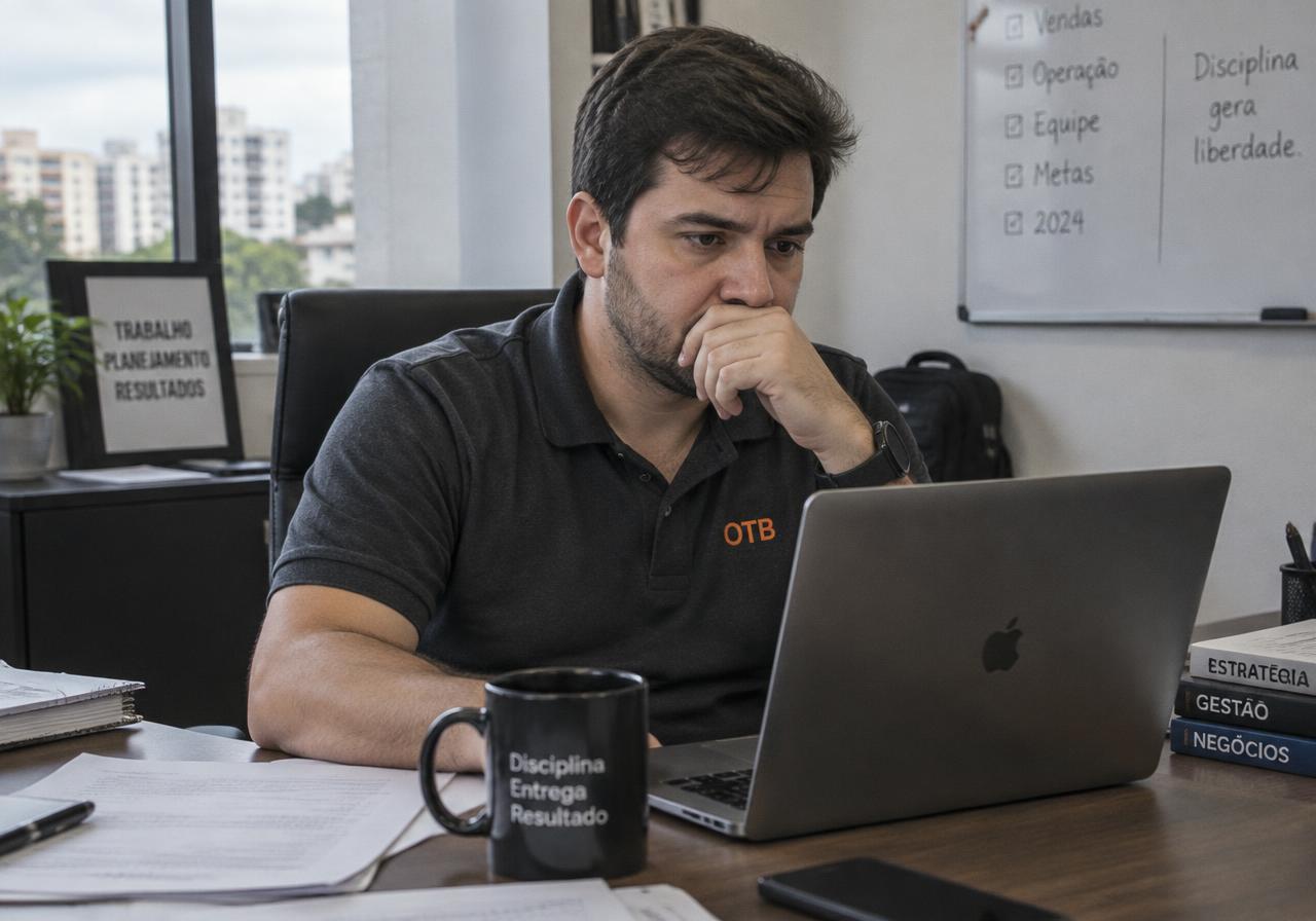 Gestor comercial brasileiro frustrado analisando queda nas vendas em laptop no escritório