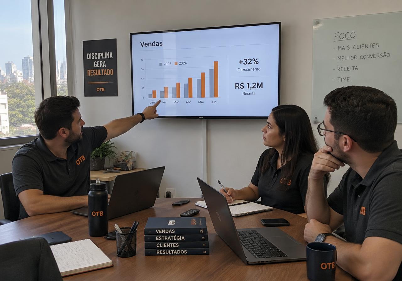 Time de vendas B2B em reunião tensa analisando pipeline de oportunidades