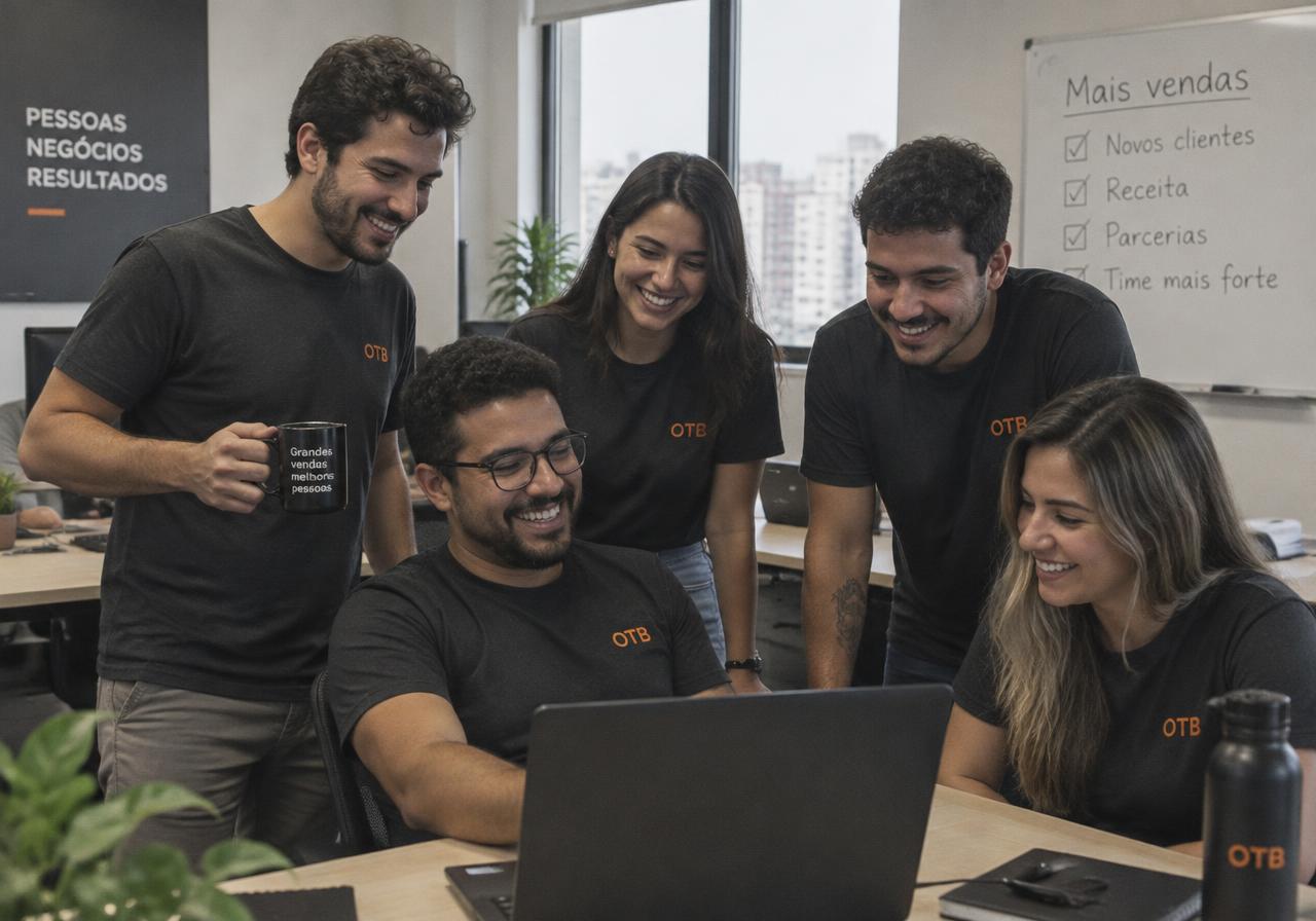 Time comercial celebrando fechamento de venda com gráfico de crescimento ao fundo