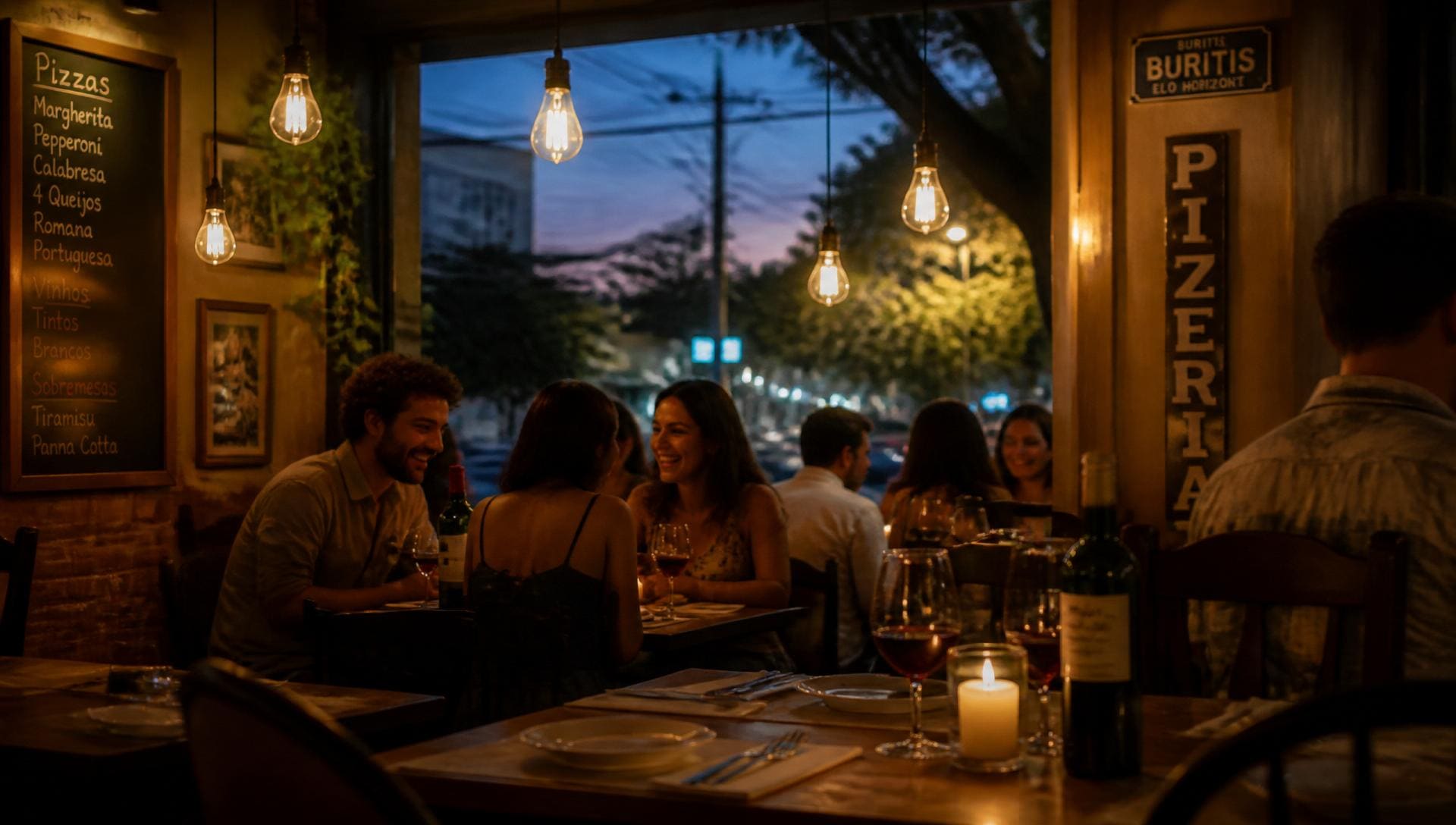 Ambiente da pizzaria à noite no bairro Buritis
