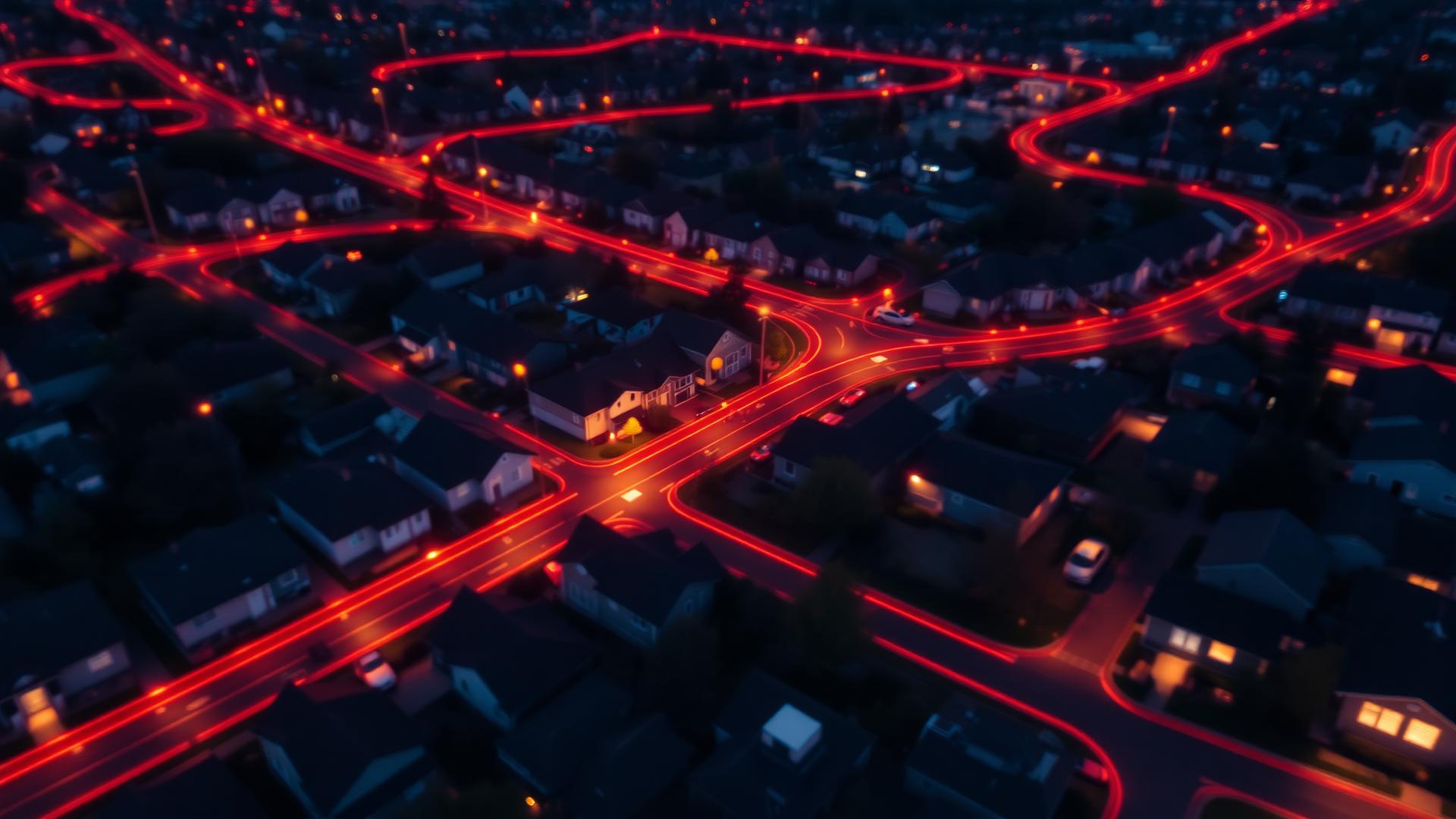 Vista aérea de bairro com rotas de entrega iluminadas