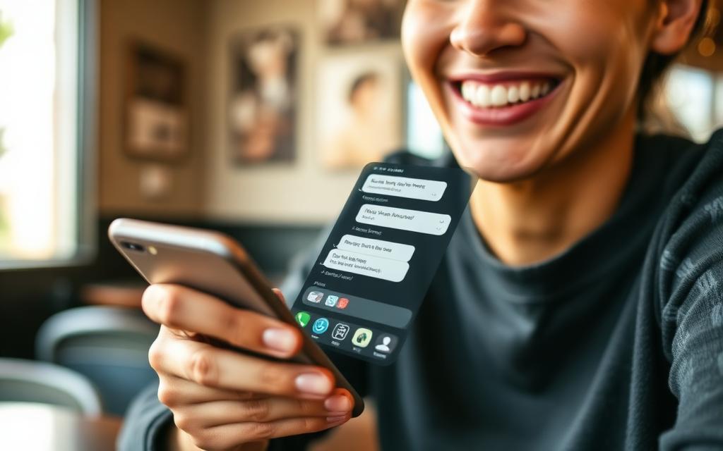 Pessoa sorrindo enquanto conversa pelo WhatsApp