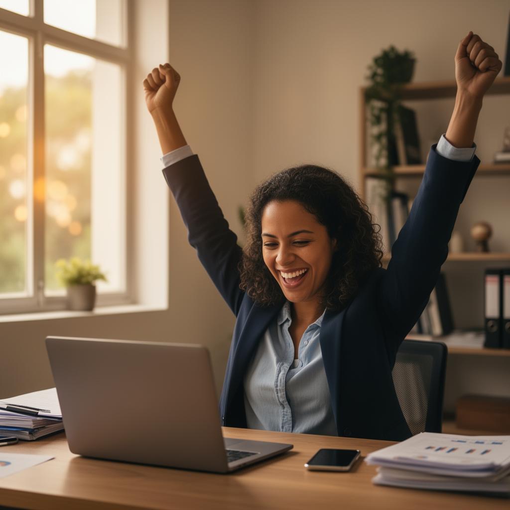 Empresária comemorando resultado de campanha de tráfego pago