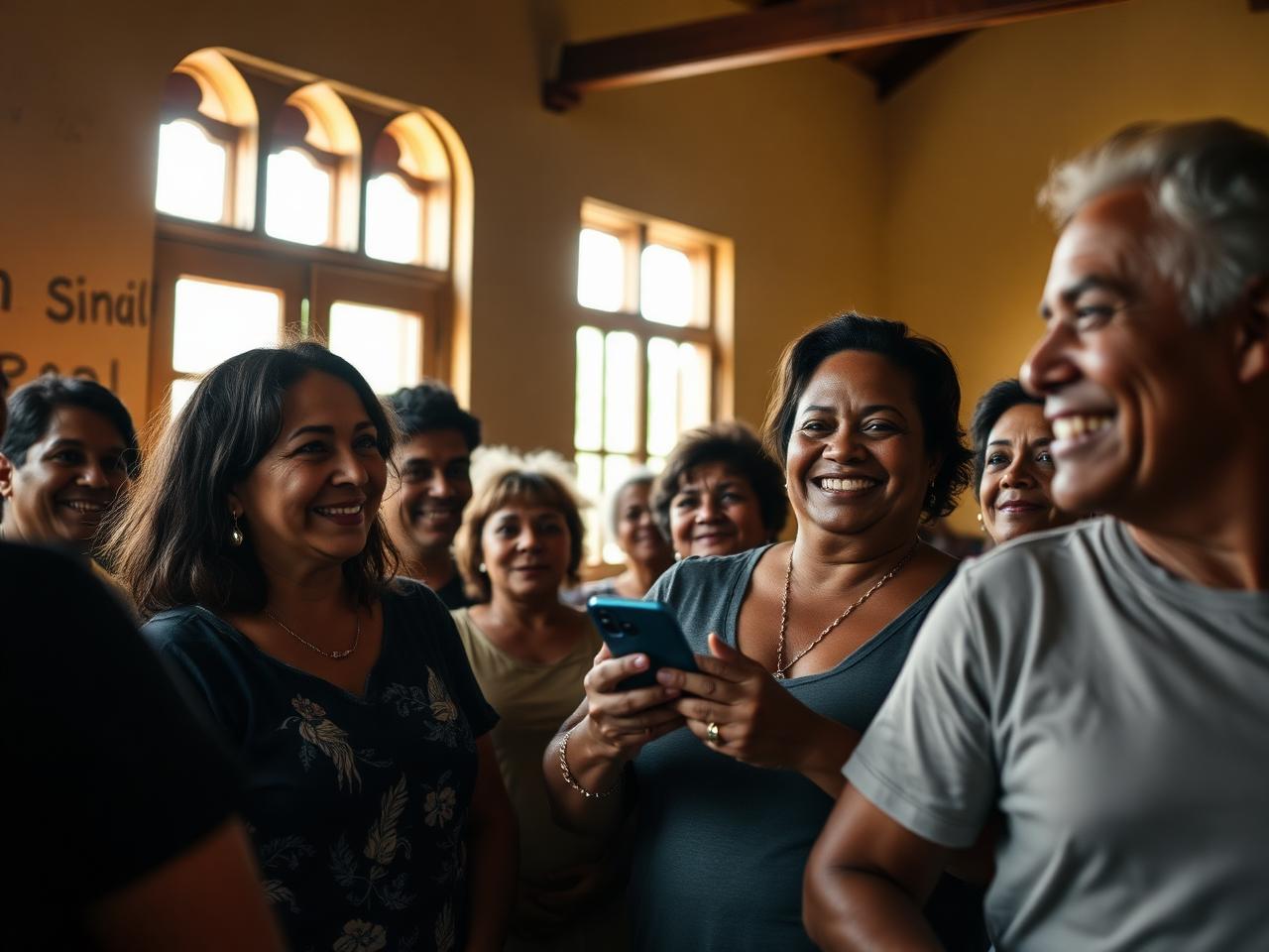 Comunidade reunida em centro de bairro sorrindo com smartphone