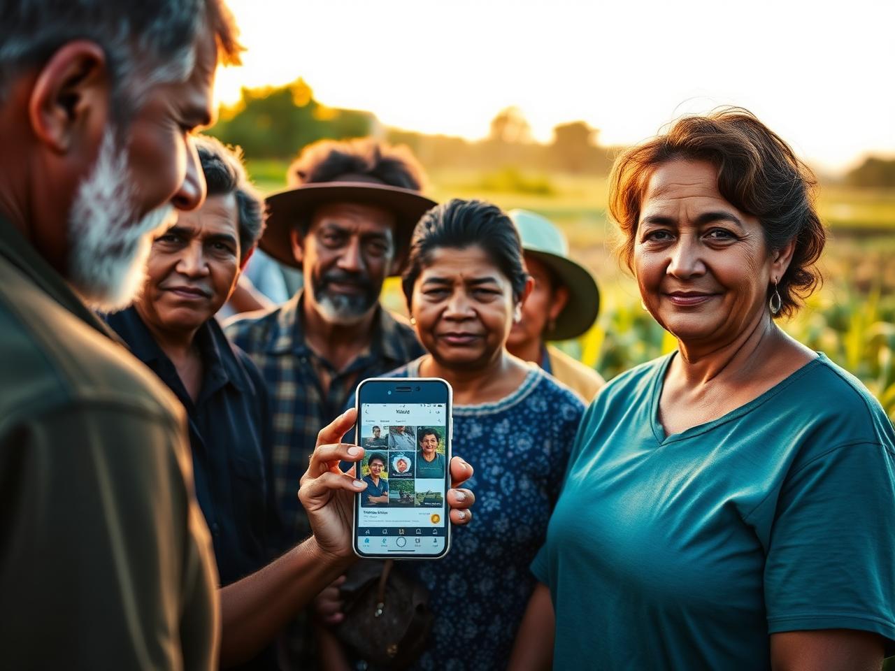 Produtores rurais e cooperativa olhando para smartphone no campo