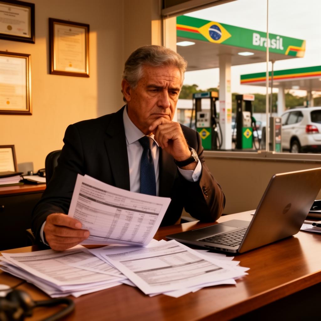 Empresário revisando relatório financeiro em escritório de posto