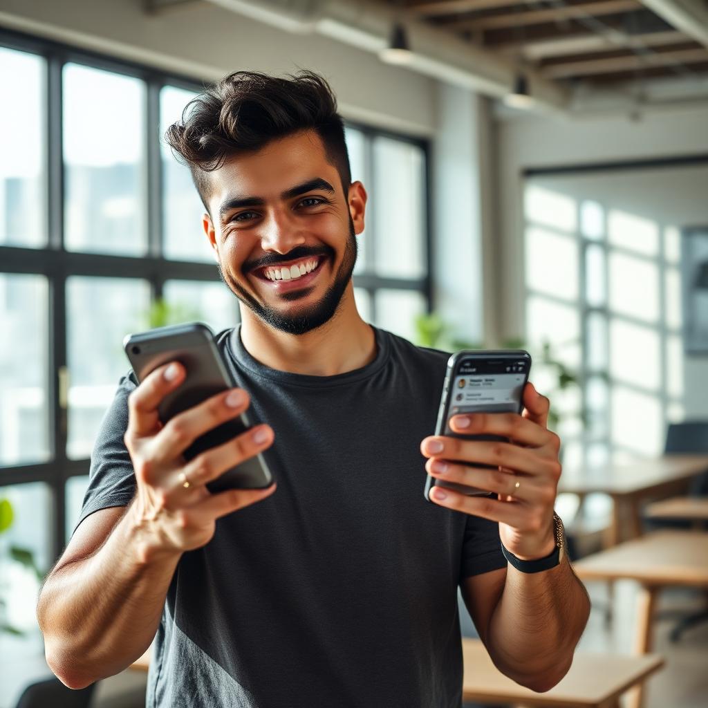 Empresário sorrindo com o aplicativo do próprio negócio