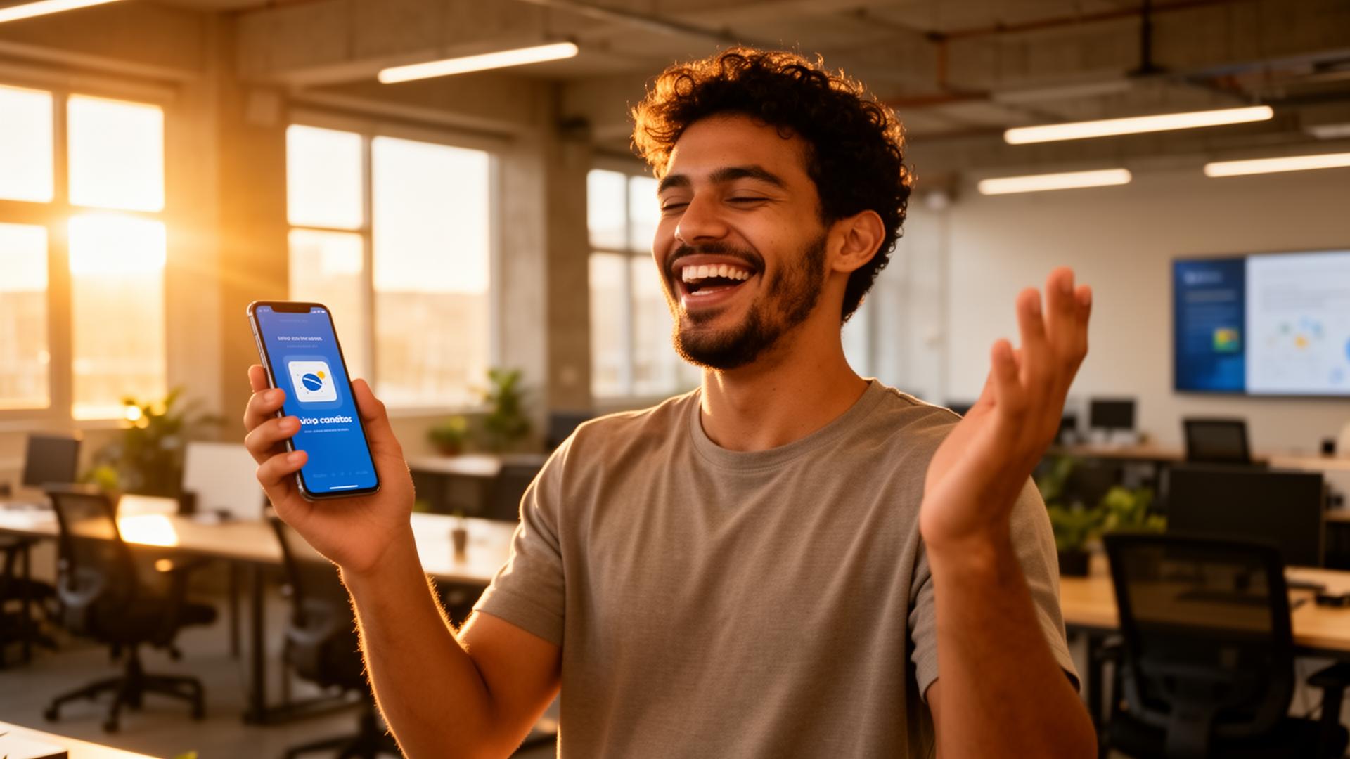 Empreendedor comemorando lançamento do app