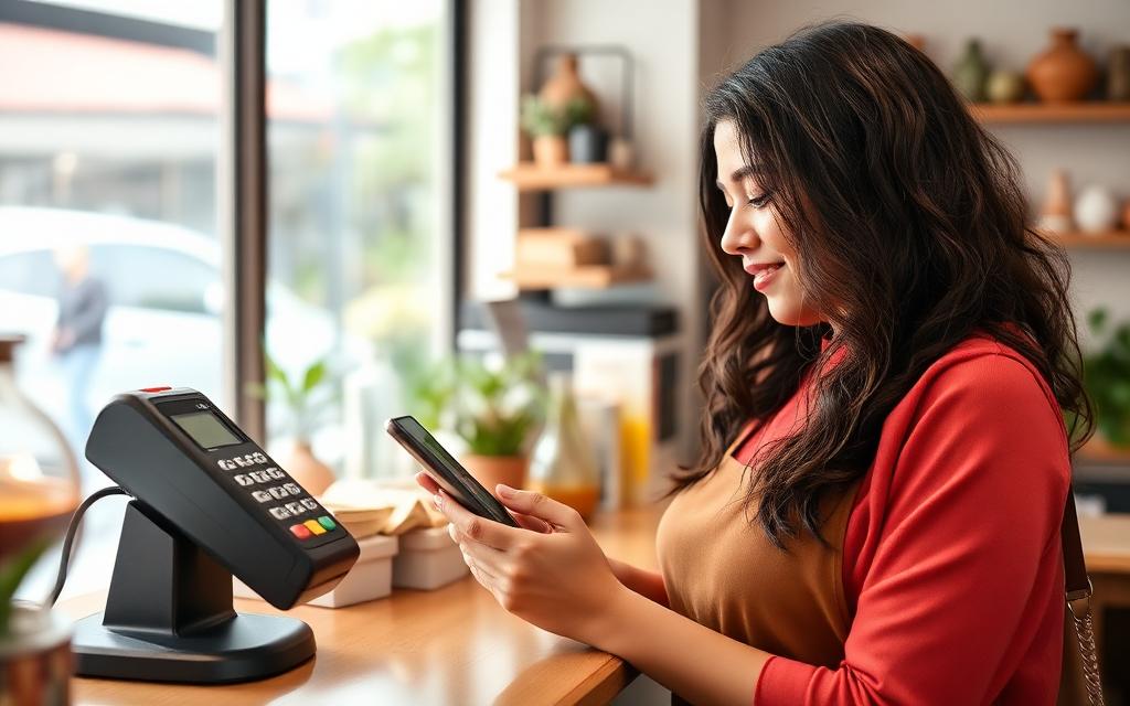 Empreendedora usando app bancário no balcão da loja