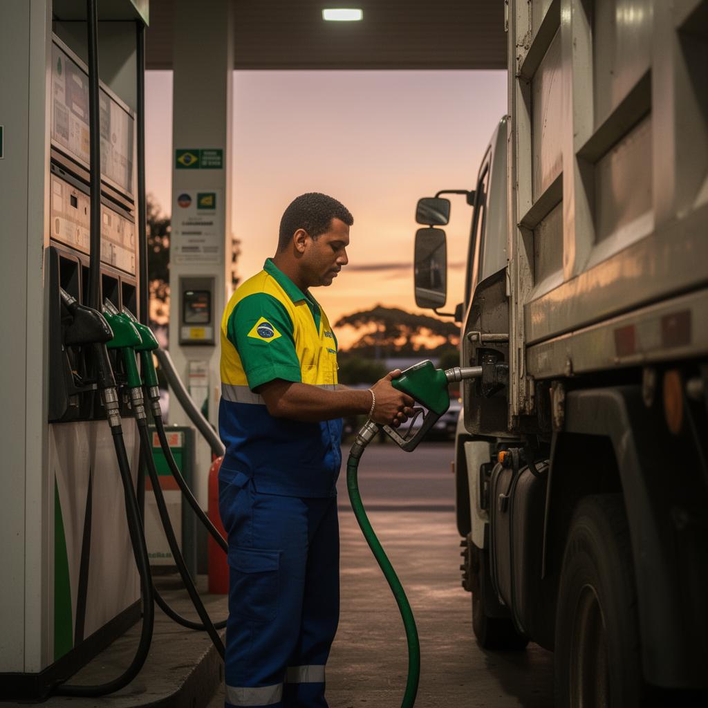 Frentista brasileiro abastecendo caminhão em posto ao entardecer