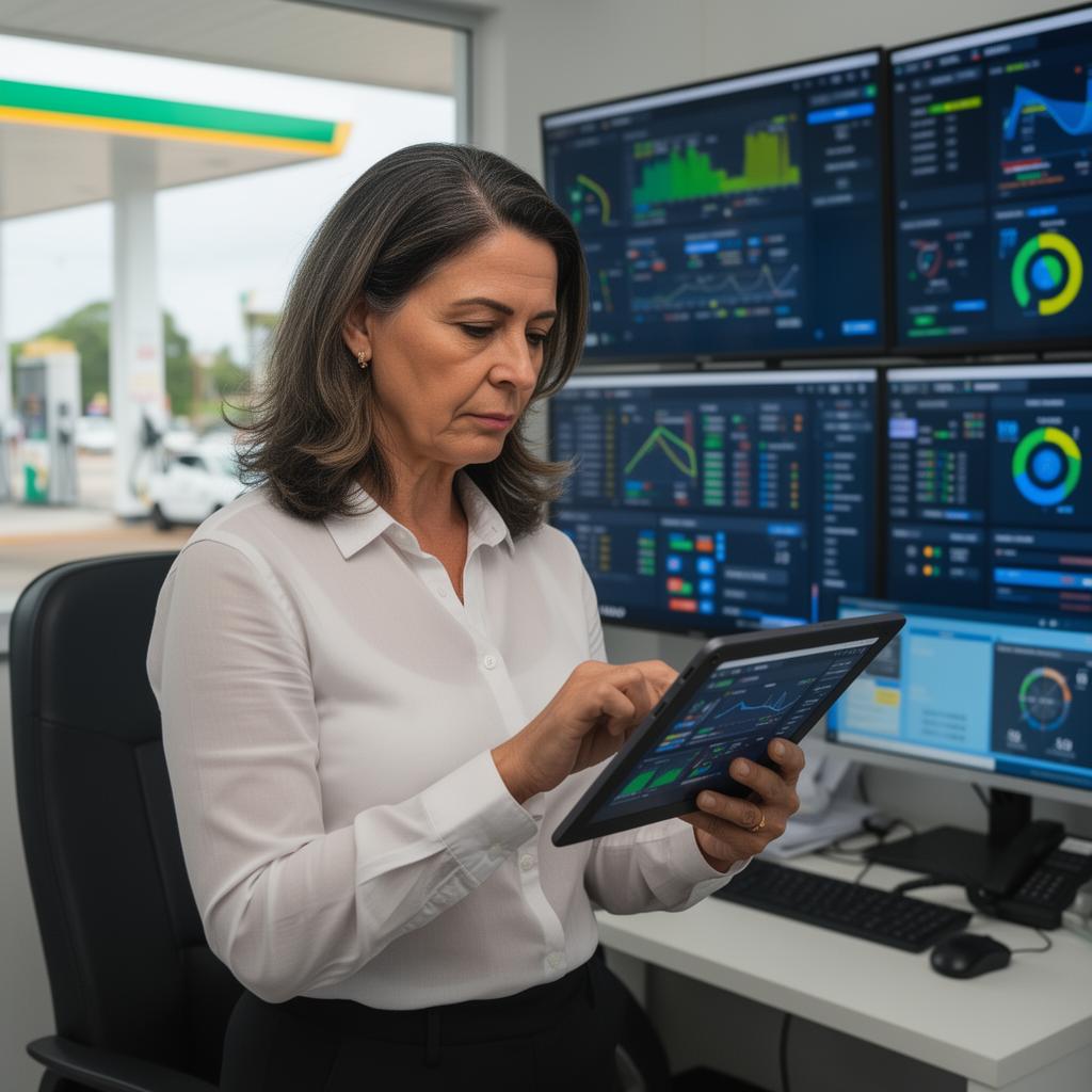 Gerente de posto revisando painel digital em tablet