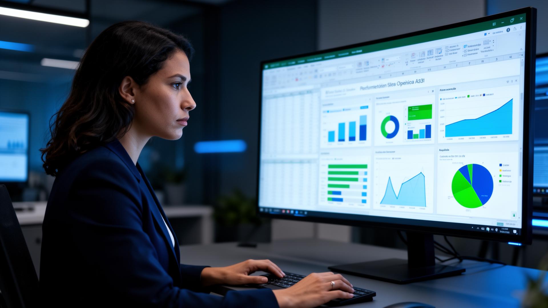 Analista de dados em frente a dashboards de Power BI e Excel