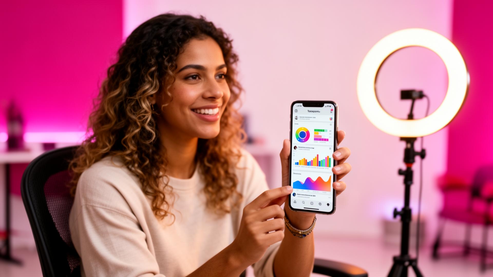 Criadora de conteúdo analisando métricas reais de redes sociais