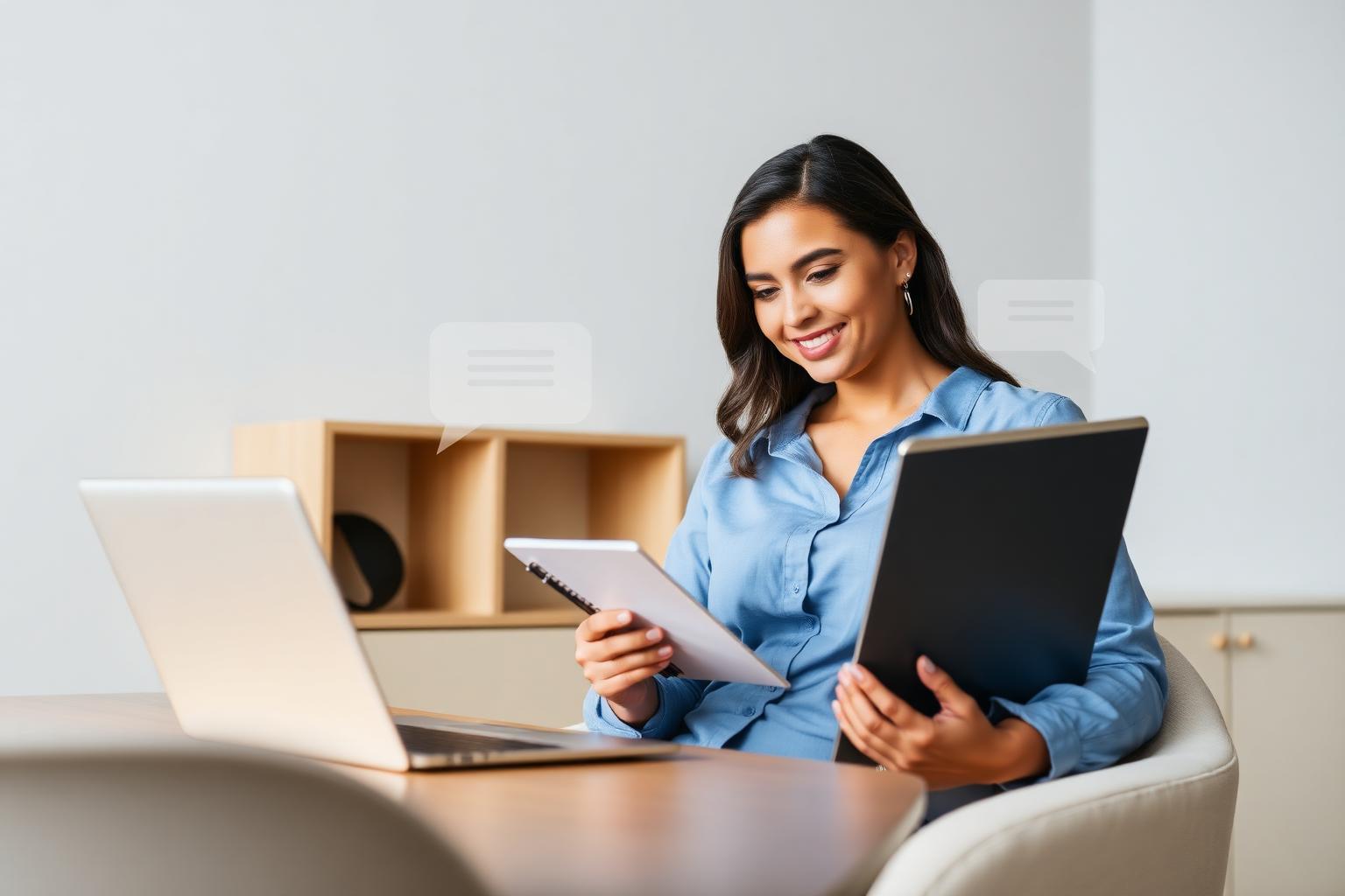 Leitora sorrindo com notebook e balões de opinião flutuando ao redor