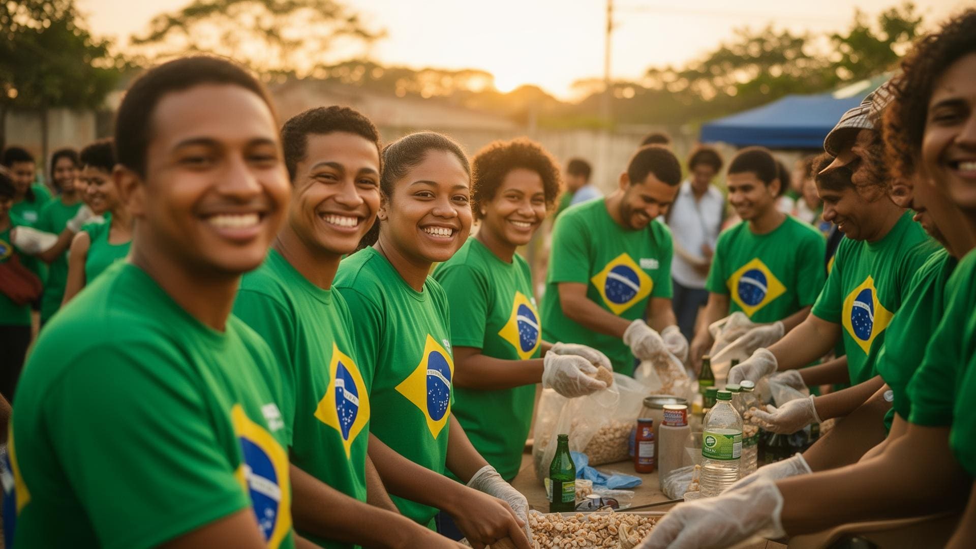 Voluntários brasileiros sorrindo em ação social comunitária ao entardecer