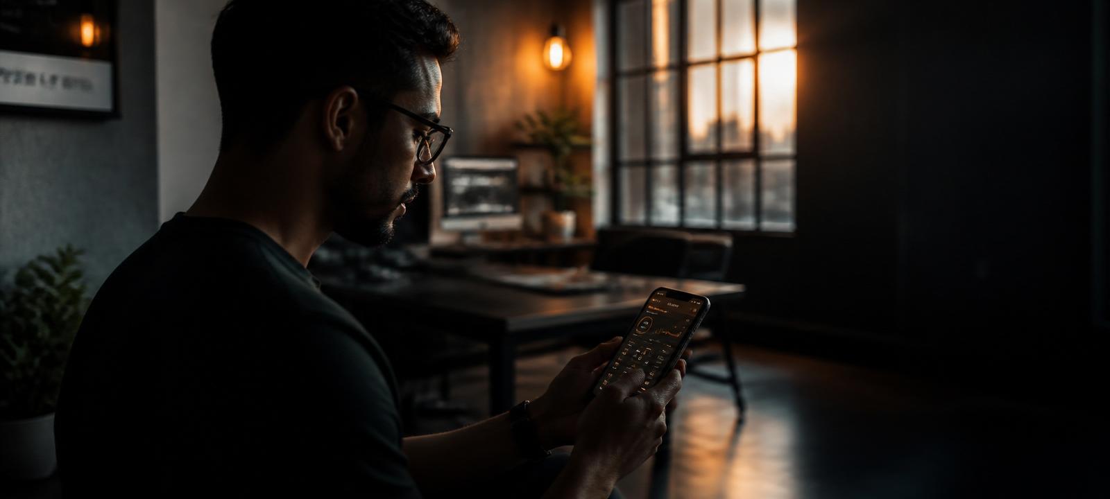 Empreendedor operando o app Appmart em iluminação âmbar