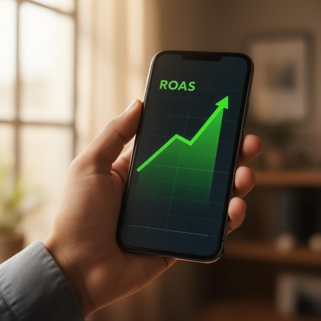 Mão segurando smartphone com gráfico de ROAS em alta, controle sobre os números.