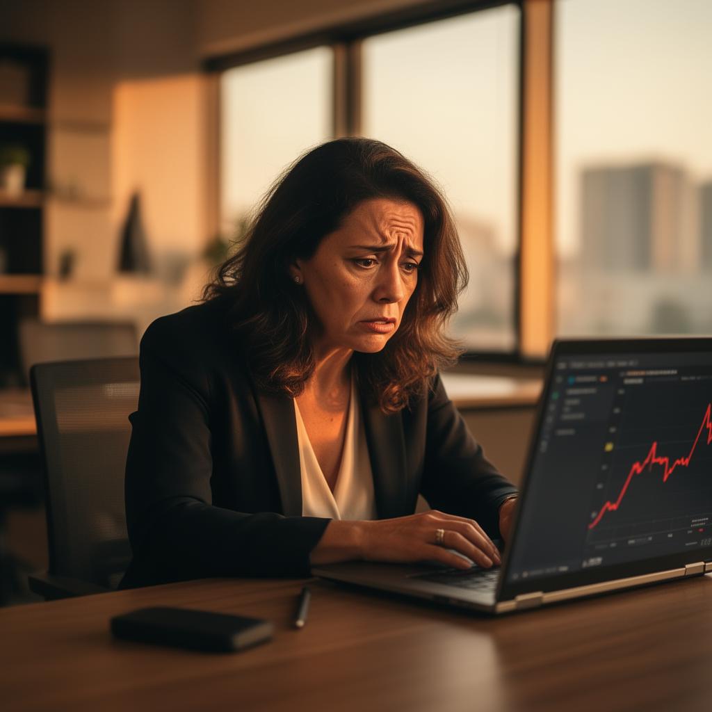 Empresária preocupada analisando relatório de mídia paga com gráficos em queda, retrato típico de quem opera sem método.