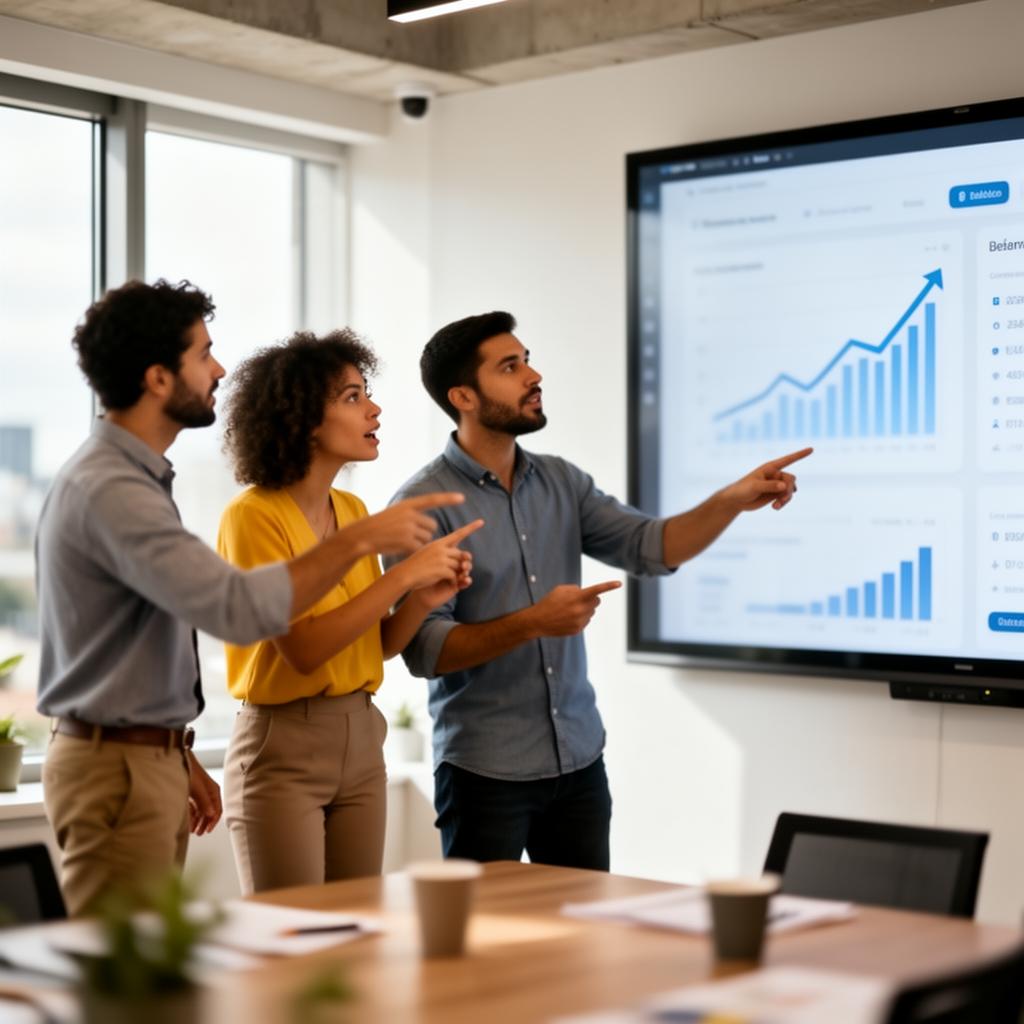 Time diverso de marketing apontando para dashboards positivos durante reunião, descoberta de insights de mídia paga.