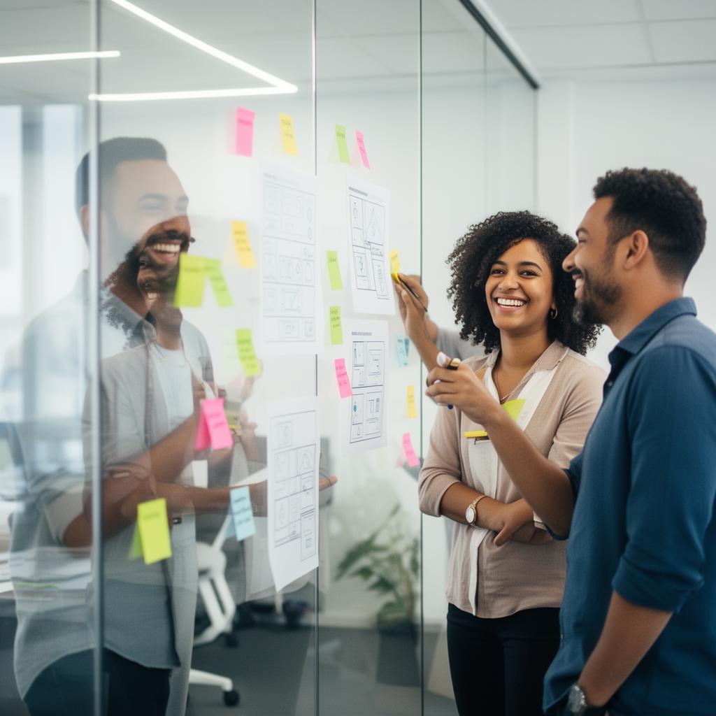 Time de discovery do Grupo OTB em workshop com wireframes e post-its