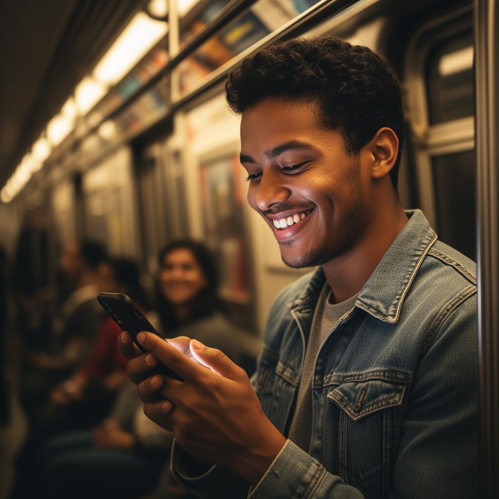 Usuário feliz utilizando aplicativo móvel no metrô