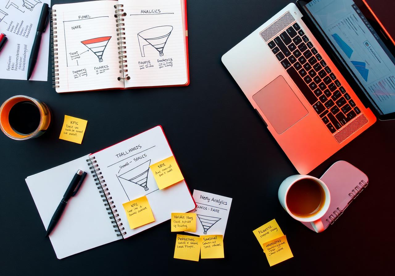 Planejamento de mídia paga: funis desenhados, post-its de KPIs e dashboard em laptop