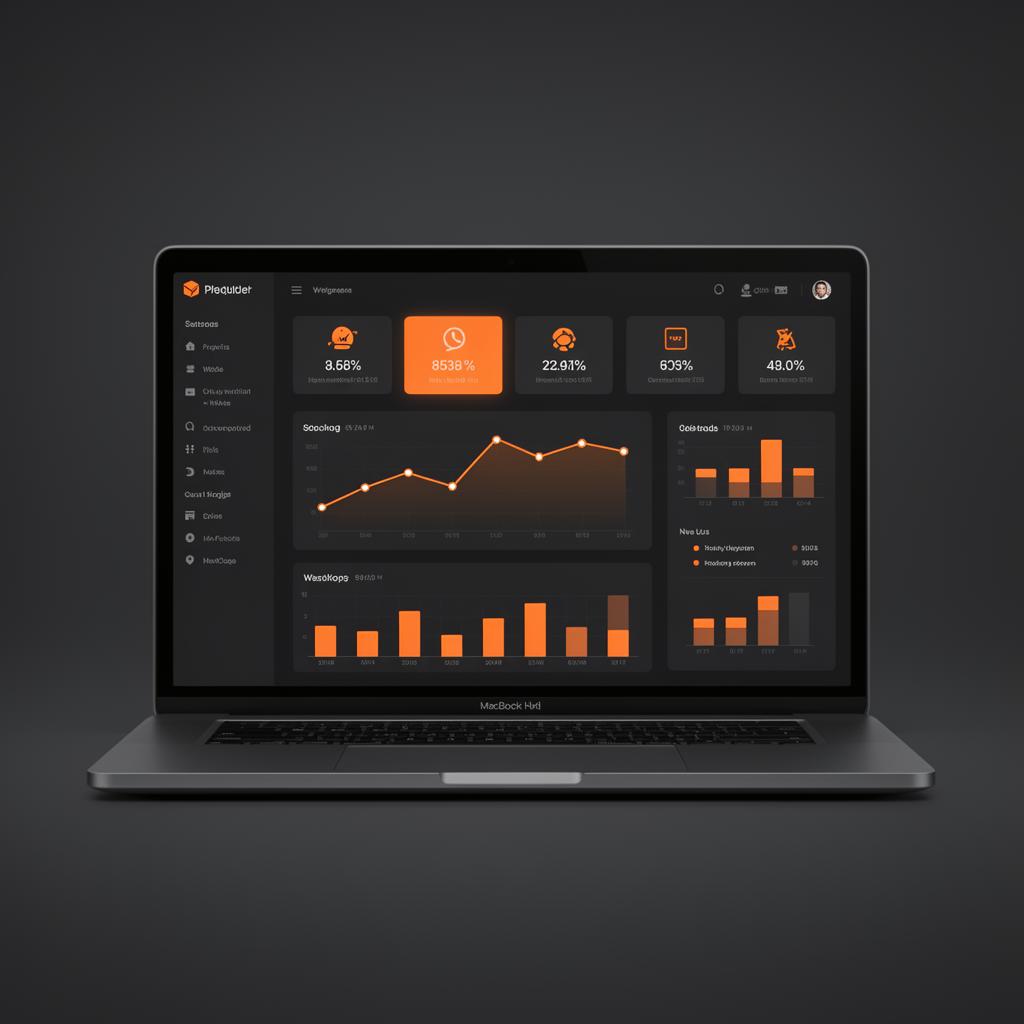 Mockup ilustrativo de dashboard de operação com KPIs e gráficos
