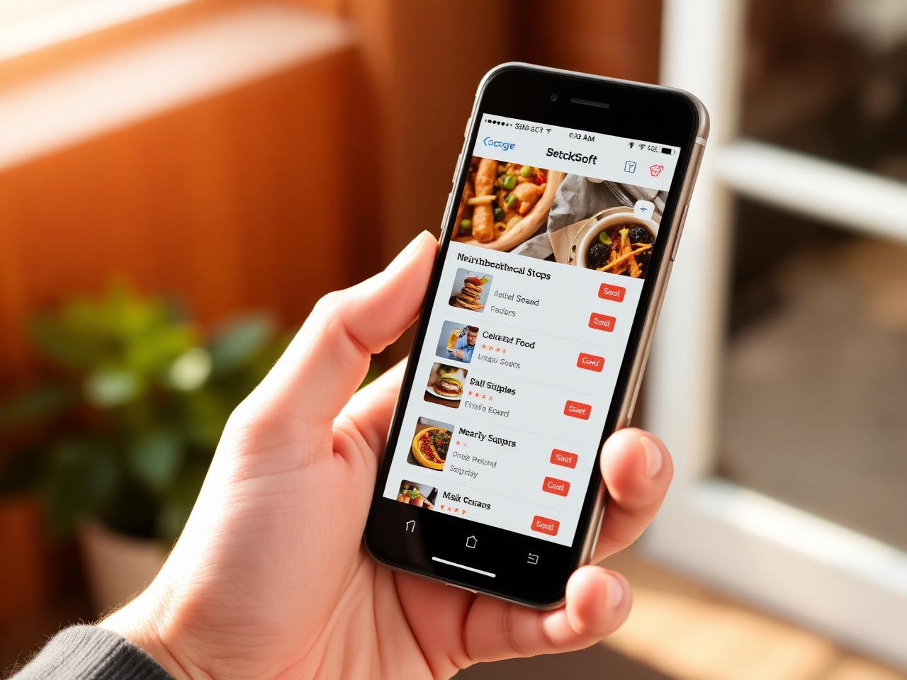 Mockup do app Appetiza para o consumidor, com lista de lojas da vizinhança