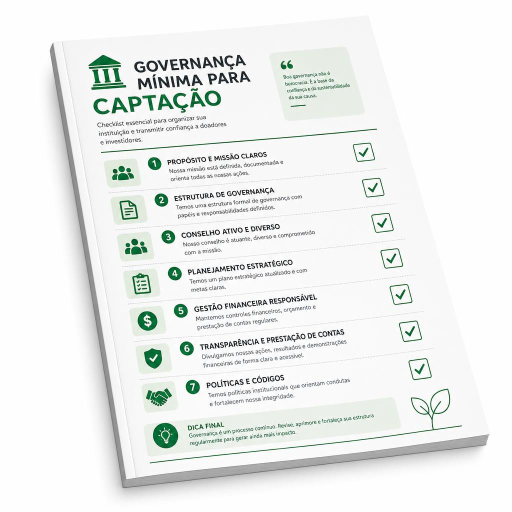 Mockup isométrico de checklist em PDF sobre governança mínima para captação