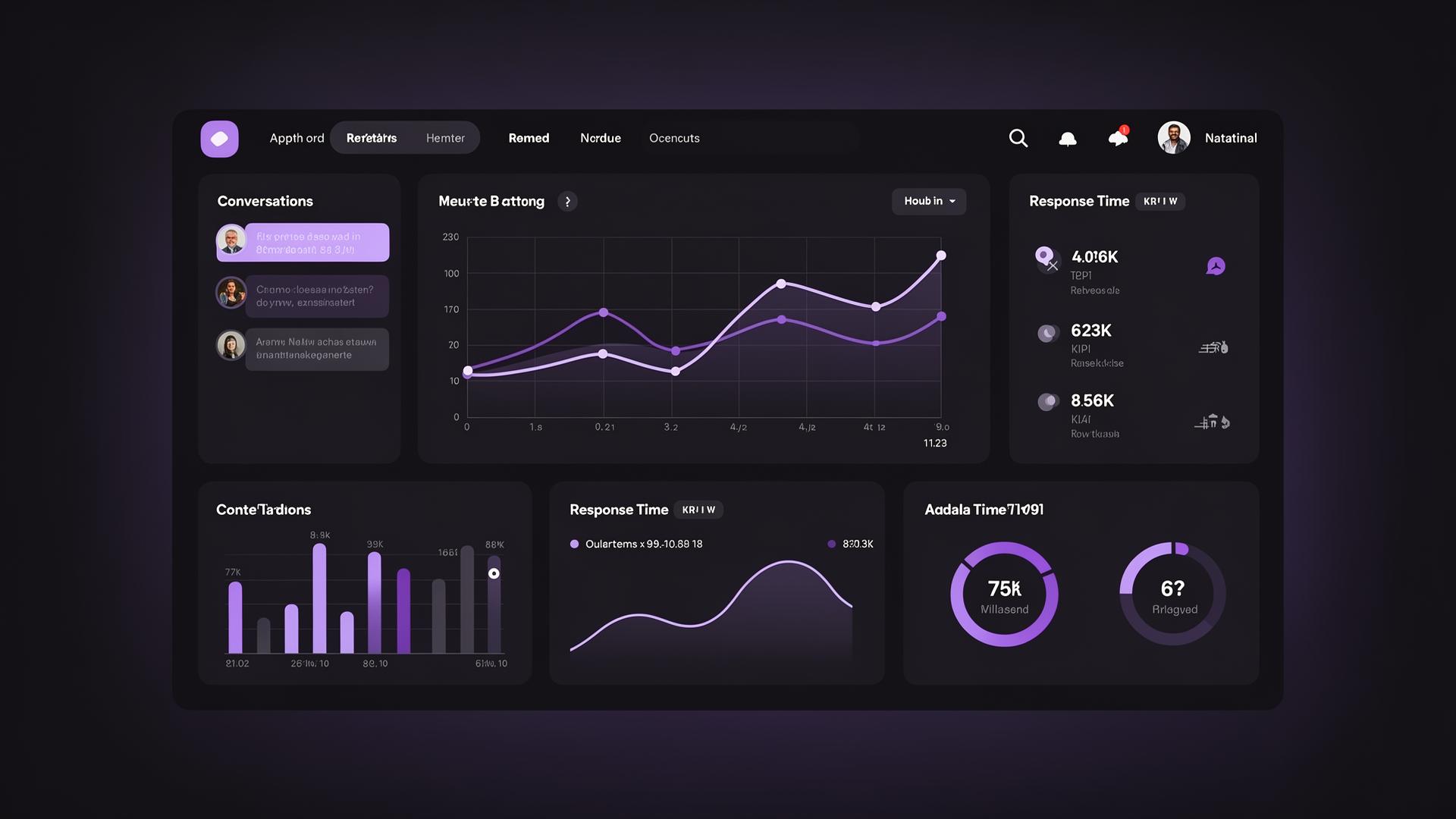 Dashboard mostrando volume de conversas, tempo de resposta e conversão