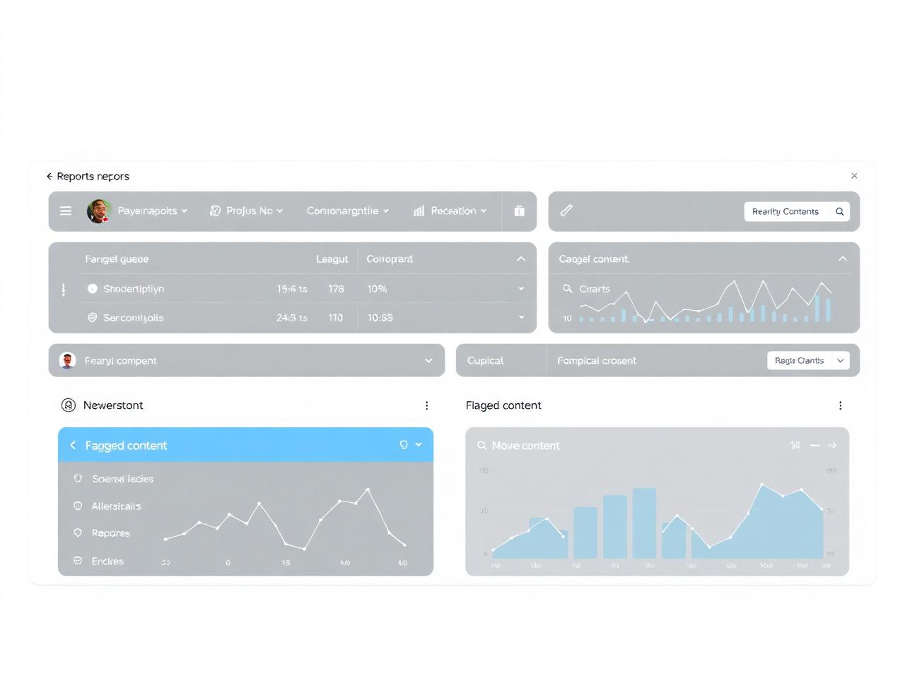 Mockup de painel de moderação com fila de reportes e gráficos
