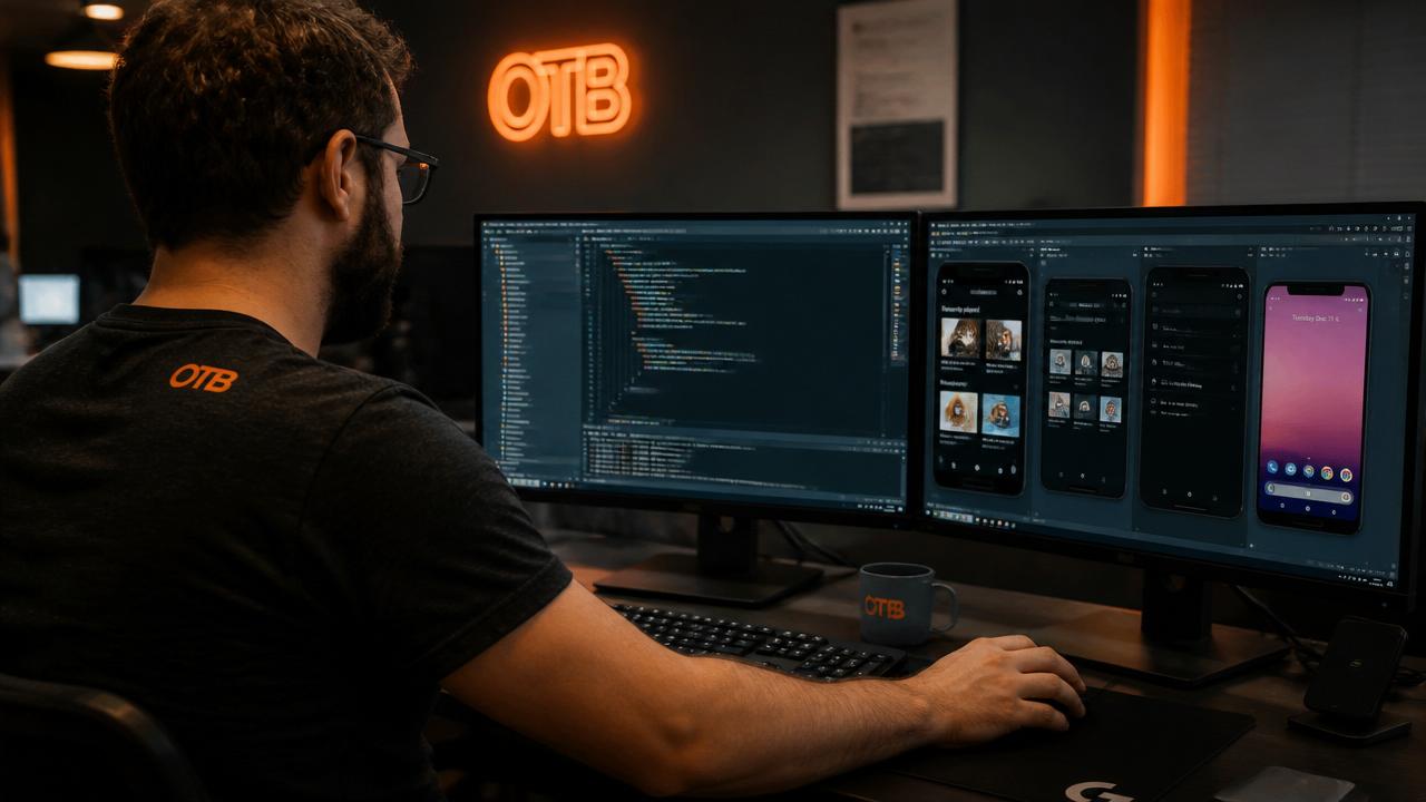 Desenvolvedor com camisa OTB testando o aplicativo em emuladores de diferentes aparelhos