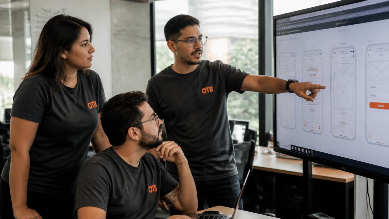 Time da OTB revisando telas de aplicativo em conjunto em frente a um monitor
