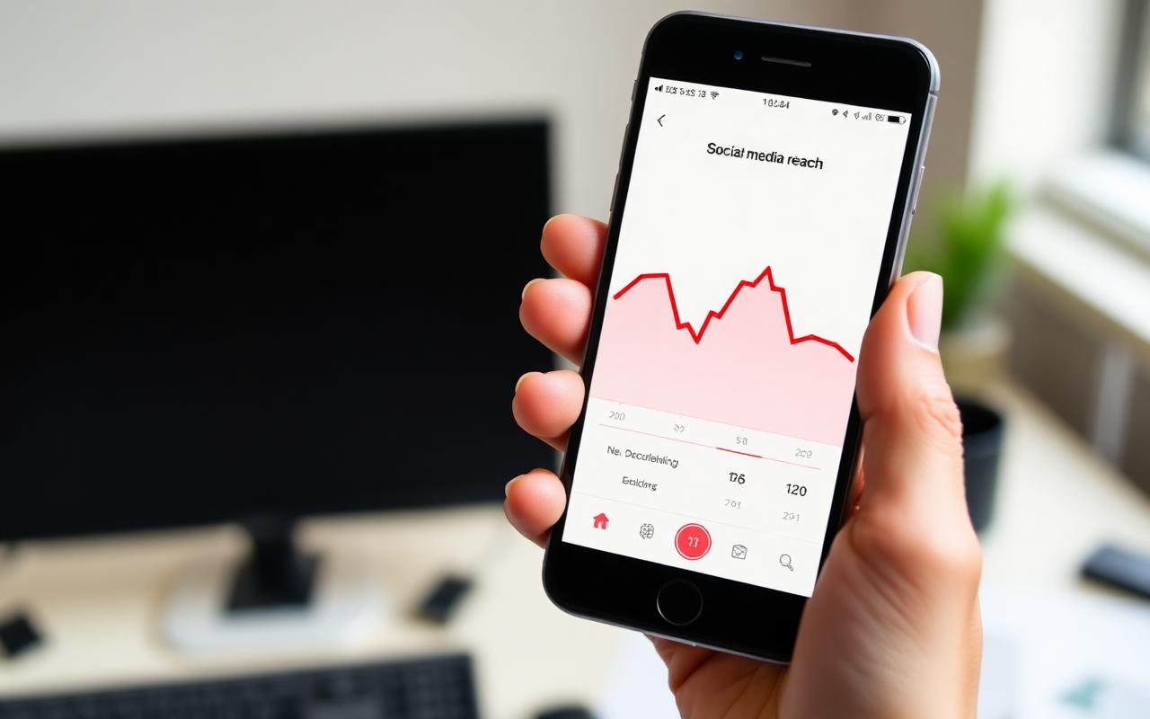 Smartphone exibindo gráfico de queda de alcance em rede social