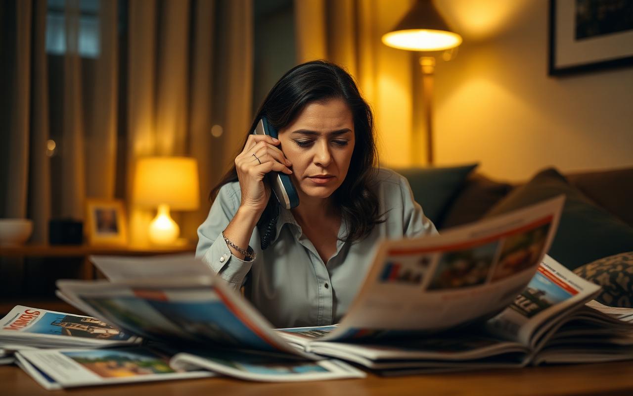 Mulher cansada com folhetos imobiliários espalhados na sala