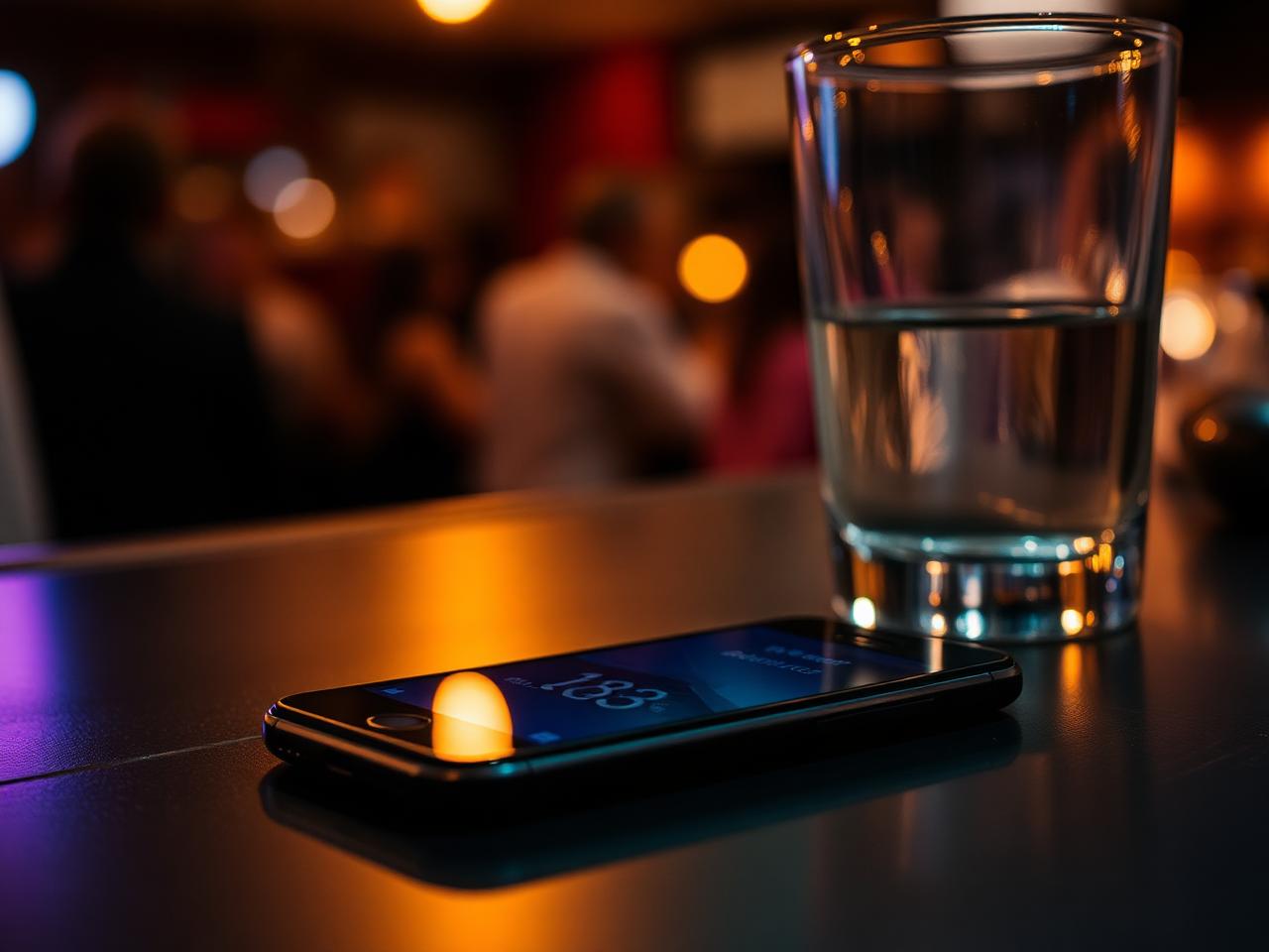 Celular deixado sobre balcão de bar em ambiente noturno