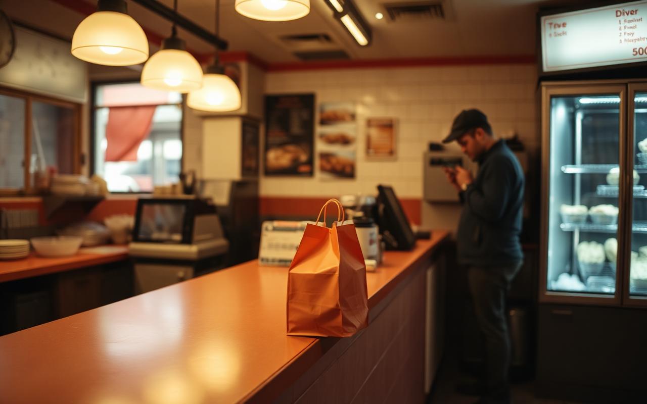 Balcão de restaurante vazio com uma única sacola de delivery