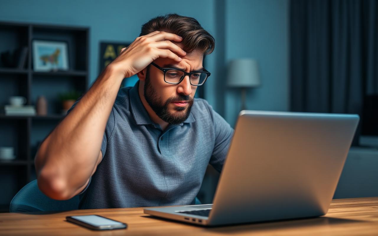 Homem preocupado em frente ao notebook avaliando uma compra online