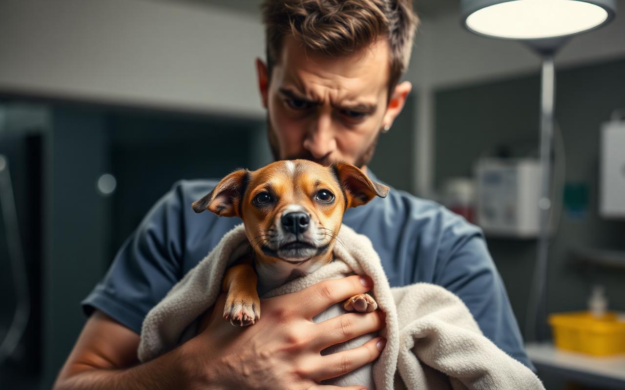 Tutor preocupado segurando seu pequeno cão em uma clínica veterinária à noite