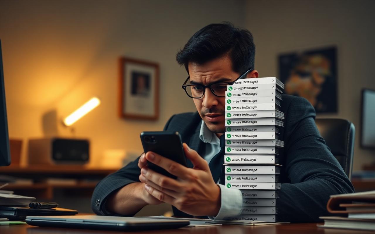 Empresário sobrecarregado com pilha de mensagens não lidas