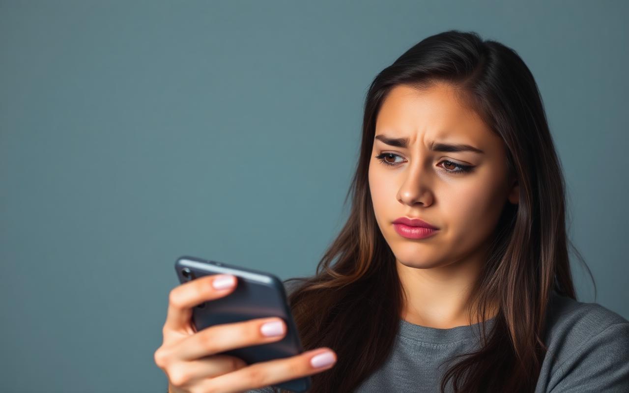 Mulher jovem com expressão frustrada segurando o celular