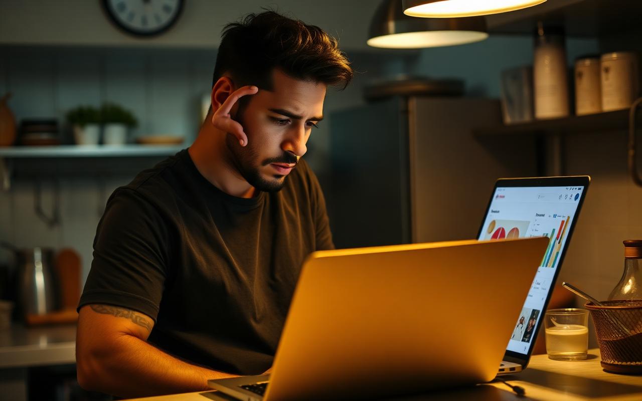 Lojista preocupado olhando relatório de taxa do marketplace no notebook