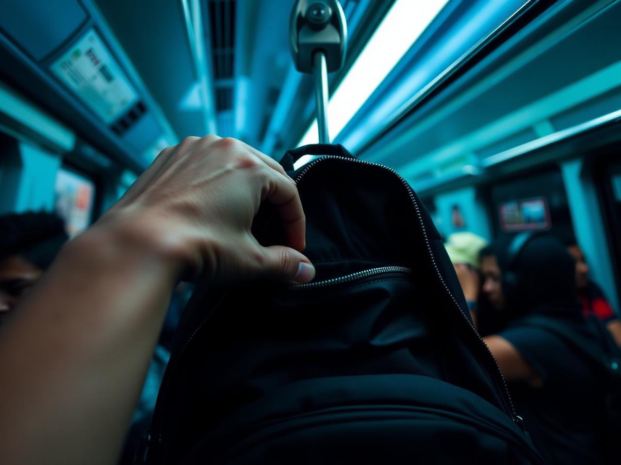 Mochila aberta em vagão de metrô lotado