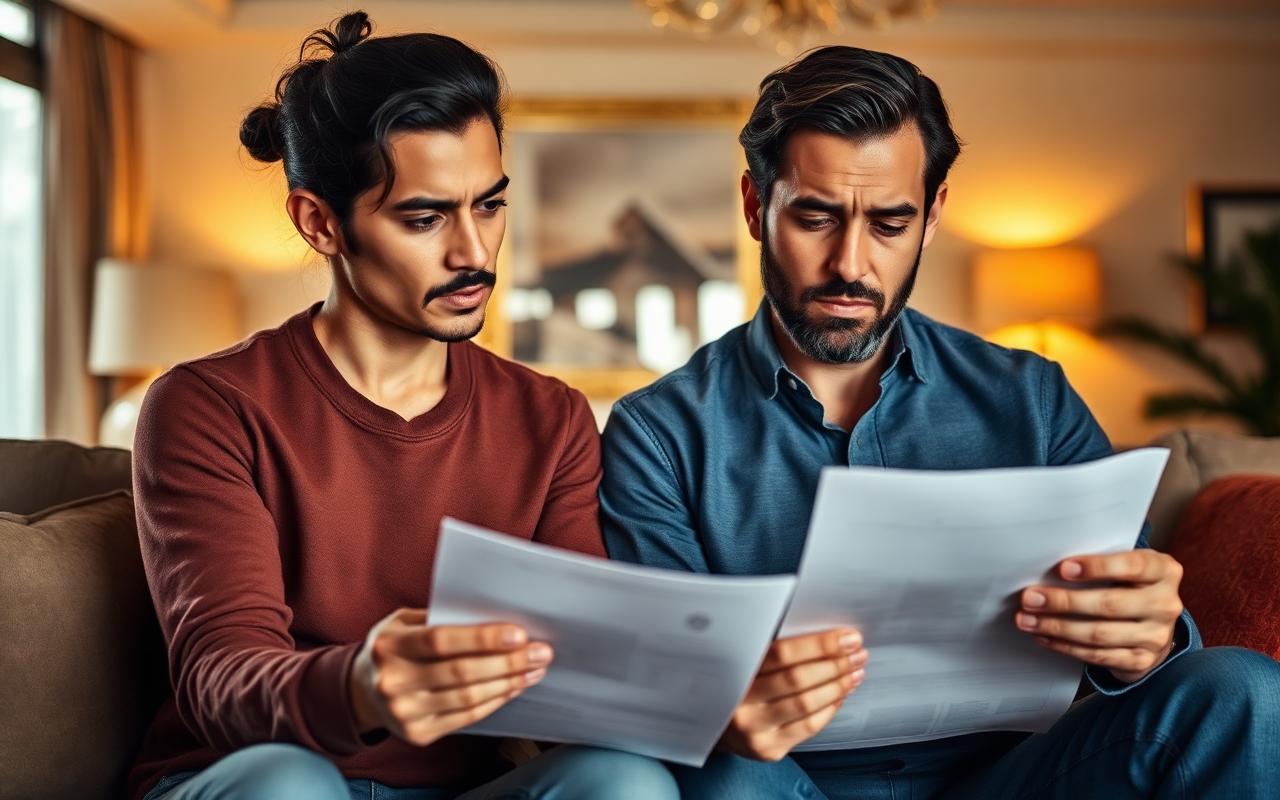 Casal de alto poder aquisitivo analisando documentos com preocupação