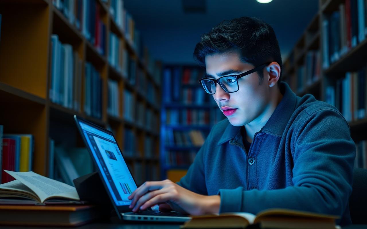 Estudante focado pesquisando em um notebook na biblioteca
