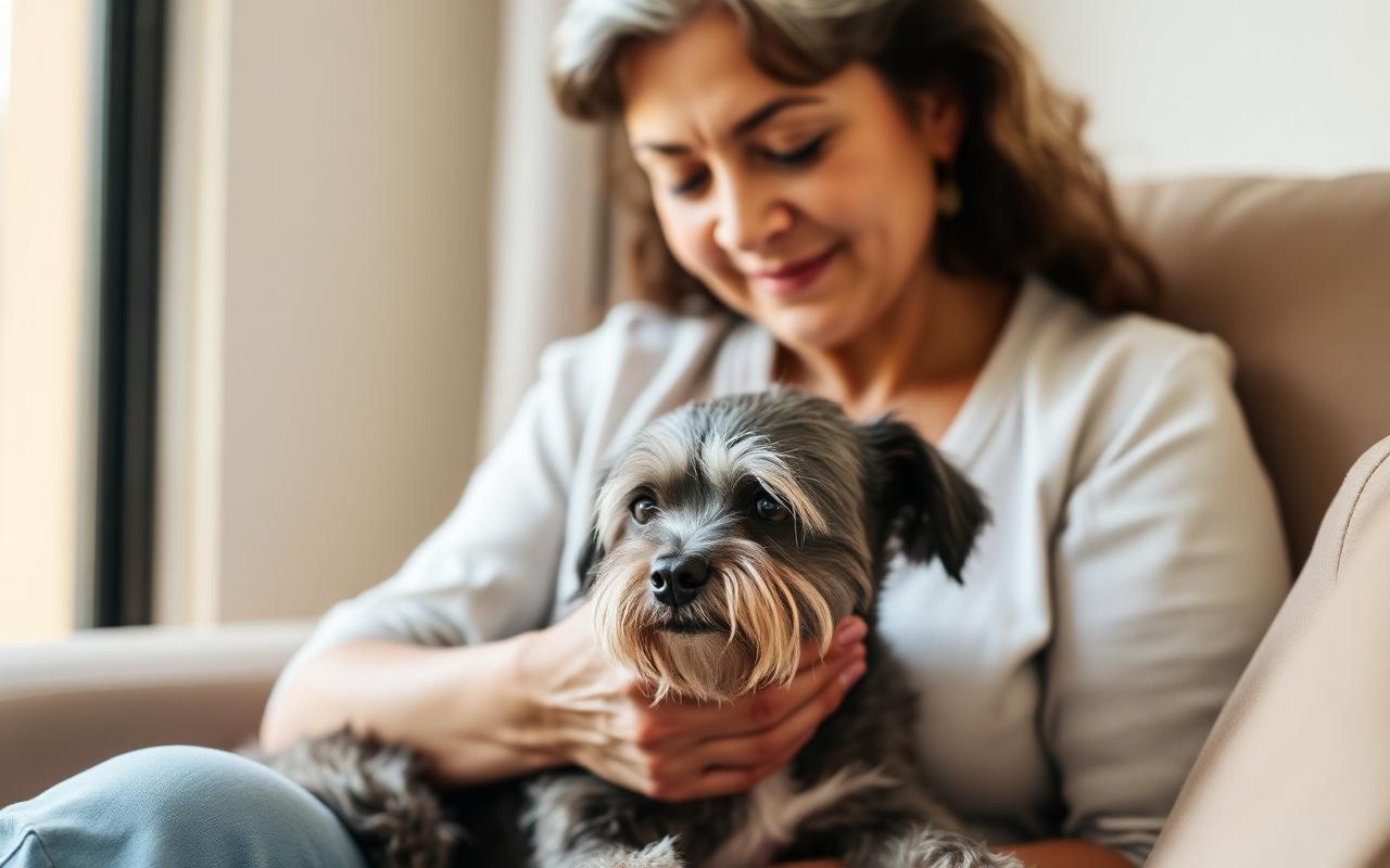 Mulher carinhosamente abraçando seu cachorro idoso de pelo cinza no sofá