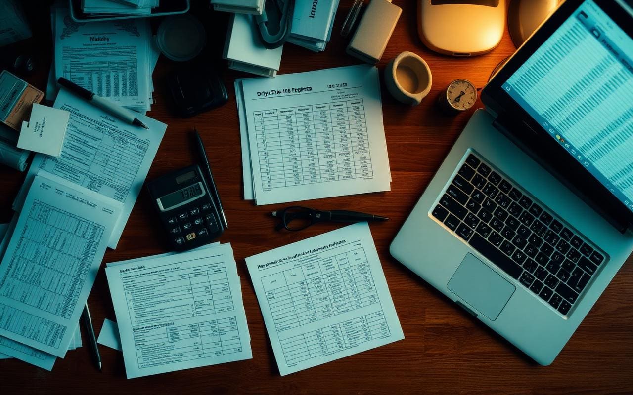 Mesa com planilhas em papel, calculadora e laptop com prestação de contas