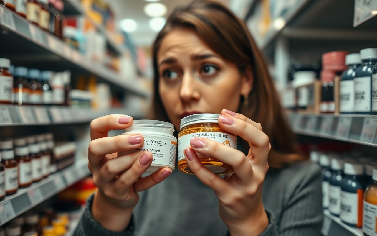 Mulher comparando dois rótulos de cosméticos na farmácia